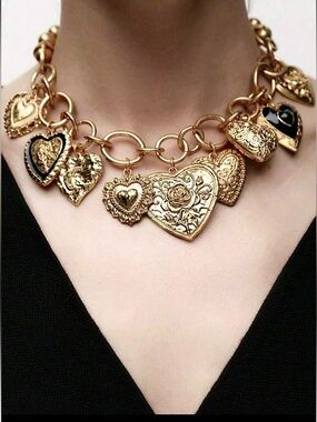 Gold Heart Charm Necklace Chunky Chain Statement Stainless Steel